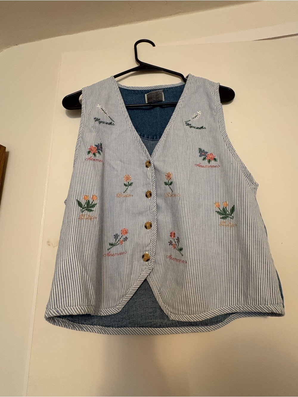 Vintage Blue Striped Embroidered Floral Denim Vest Top by PASTA